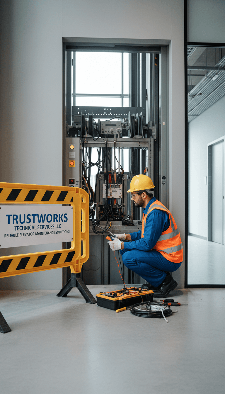Elevator technician in safety gear working near barricade in a modern building